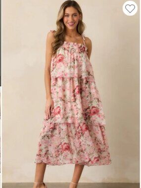 Pink Floral Print Midi Dress